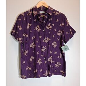 womens medium 100% linen shirt purple minimalist teacher Marsh Landing floral